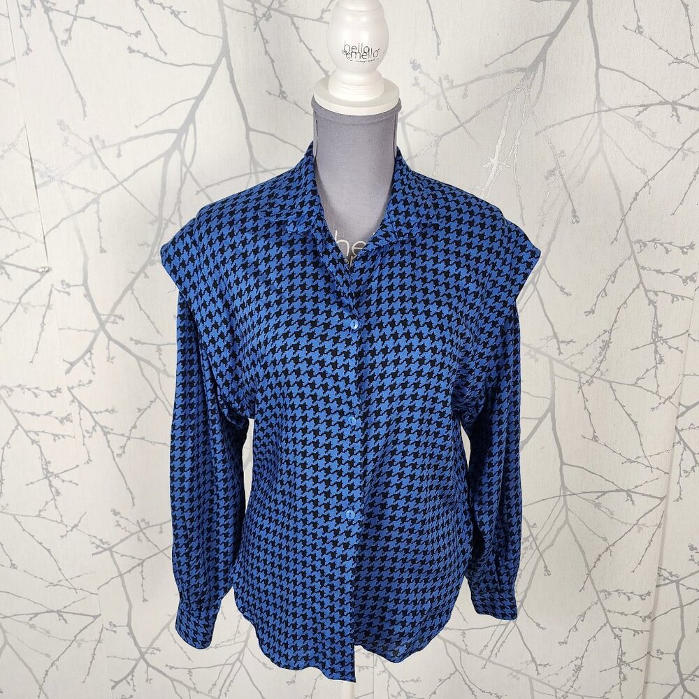 Young Fashion VTG Blue Houndstooth Button Front Blouse